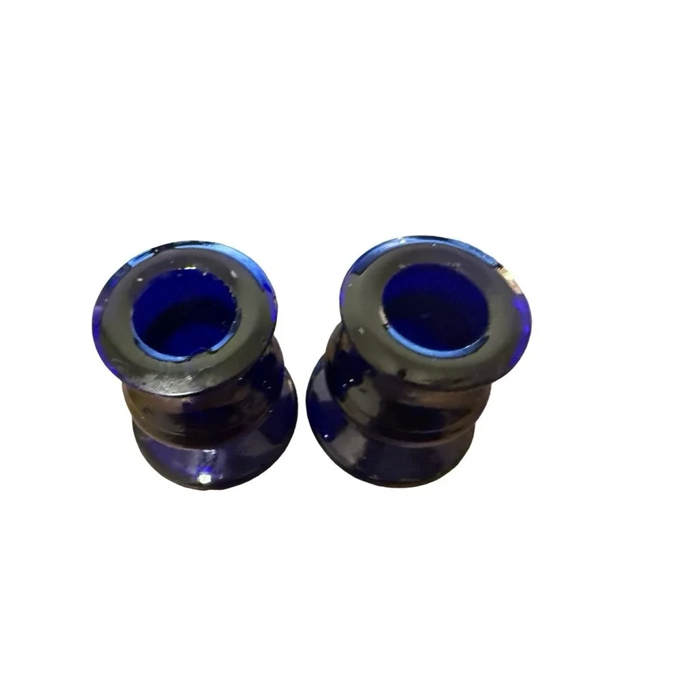 Vtg Short Dark Cobalt Blue Glass Candle Stick Holder Set 2.5